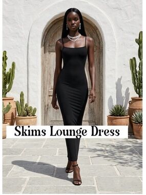 Skims Lounge Petite Long Slip Dress Onyx New